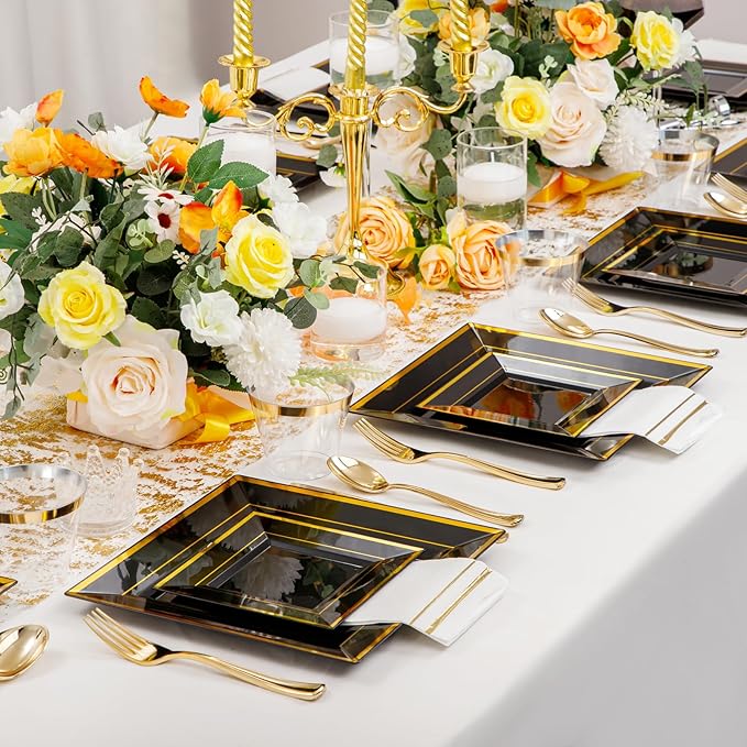 Festiva 350Pcs Black and Gold Plastic Plates-50Guests Disposable Square Black Dinnerware Set include 100 Plastic Plates,50Cups,150Plastic Cutlery,50Napkins for Birthday Party &Wedding&Graduation
