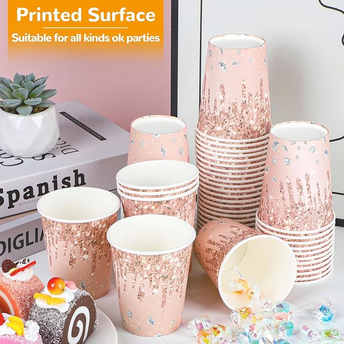 CHUNNIN 50Pcs Rose Gold Birthday Party Paper Cups 9oz Pink Golden Party Cups Supplies Rose Gold Theme Party Disposable Cup for Women girls Birthday Wedding Baby Shower Party Favors Decorations