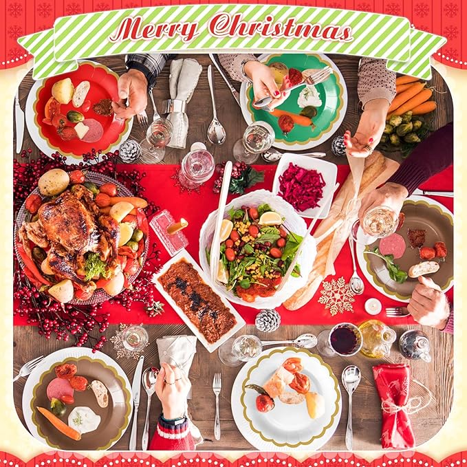 48 Pcs Christmas Paper Plates 7 Inch Red Green White Dessert Scalloped Edge Disposable Dinner Plates for Fall Halloween Wedding Birthday Baby Shower Party Supply