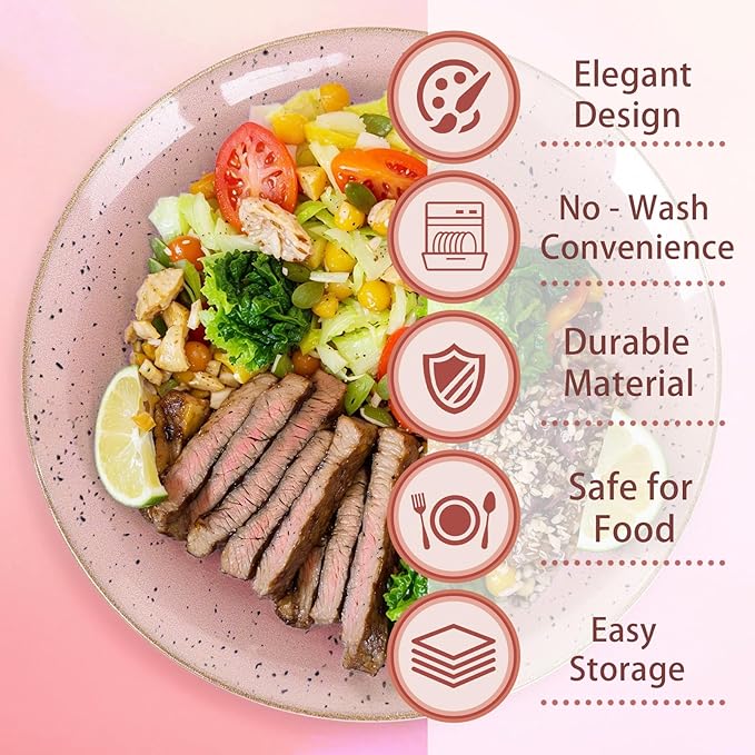Liacere 32PCS Pink Plastic Plates - Pink Plastic Ceramic Disposable Tableware Plates Modern Dinnerware Set - Wedding & Party & Mothers Day