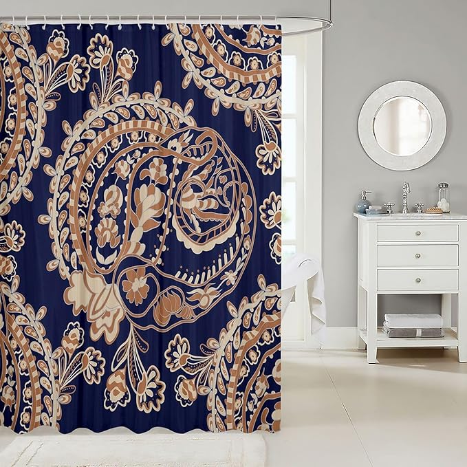 Feelyou Paisley Bath Curtain Kids Boho Paisley Print Shower Curtain Bohemian Exotic Style Bathroom Shower Curtain Set for Indian Style Navy Blue Kids Bathroom Accessories 72"x84"