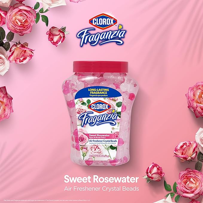 Clorox Fraganzia Crystal Beads Air Freshener, Long Lasting Room Deodorizer and Odor Eliminator Gel Beads to Freshen Home, Car, or Office, Sweet Rosewater Scent, 12 Fl Oz