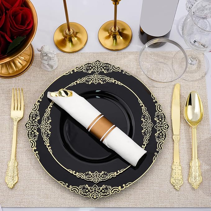 Realluck 350 PCS Black and Gold Plastic Plates, Plastic Dinnerware Set for 50 Guests, 100 Disposable Plates, 150 Silverwares, 50 Cups, 50 Napkins for Party, Wedding, Graduation