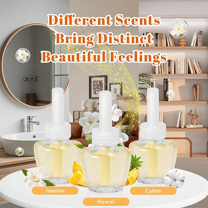 Plug In Air Freshener Refills for Home, Hawaiian, Jasmine & Cotton Scents for Bathrooms & Kitchen, 6 Count Plug Refill for Bedrooms, Office, Compatible with Air Wick & Glade, Not Include Glade Plus