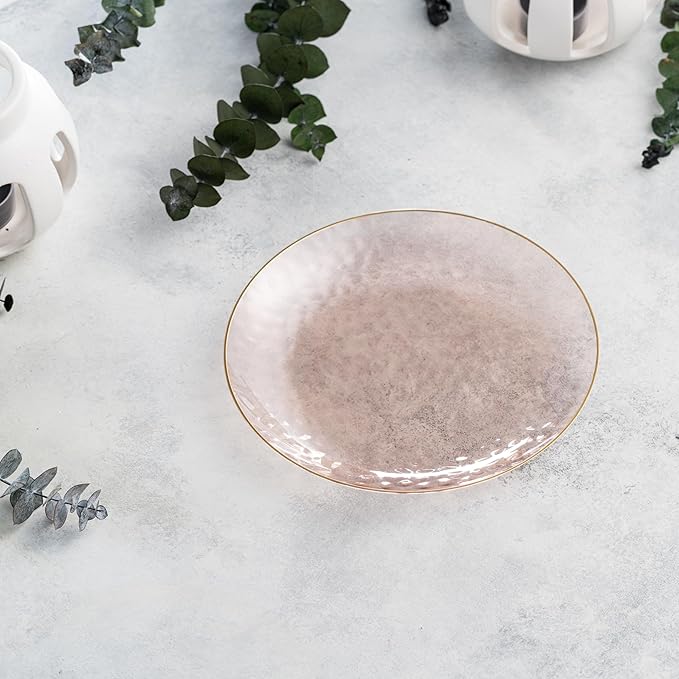 PLASTICPRO 30 Pack Hammered Plastic Plates Heavyweight Disposable Plastic Plates Elegant Clear Hammered Rim Platsic Party Dishes (Rose With Gold Rim, 7'' INCH PLATES)