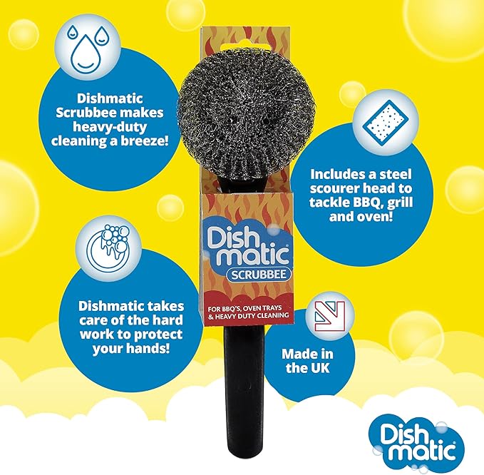 Dishmatic Scrubbee Washing-Up Stainless Steel Scourer for BBQ, Grill, Oven – Kitchen Washing-Up Handle with Easy-Grip Handle