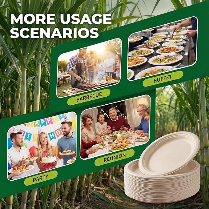 Tinybee 100% Compostable Oval Paper Plates 12 Inch [50-Pack] Heavy-Duty, Eco-Friendly, Biodegradable Bagasse Platters, Natural Unbleached Brown Disposable Plates for BBQ/Picnic/Party (BPI-Certified)