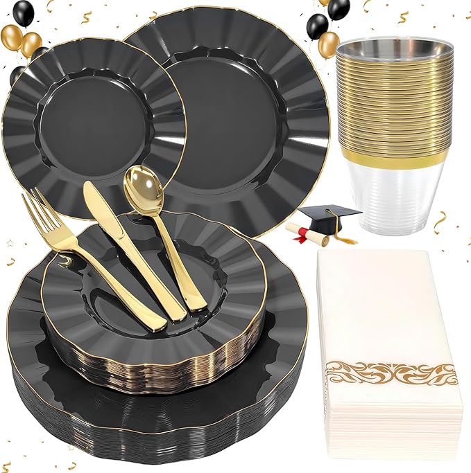 175 Plastic Dinnerware Set Party Supplies Disposable Dinnerware for 25 Guests Include 50 Plastic Plates,25 Silverware Set 25 Cups 25 Napkins Plastic Plates for Graduation Party Wedding（Black and Gold）