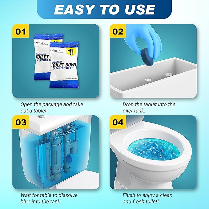 Shinefy Automatic Toilet Bowl Cleaner Tablets – 20 Tabs - Blue Gel Toilet Tank Cleaners, Hard Water Ring Remover, Septic-Safe Heavy-Duty Stain & Smell Eliminator, Toilet Cleaning & Deodorizer