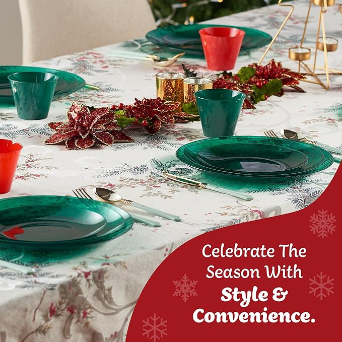 PLASTICPRO 30 Pack Hammered Plastic Plates Heavyweight Disposable Plastic Plates Elegant Transparent Green Platsic Party Dishes (Hammered green Christmass, 9'' INCH PLATES)