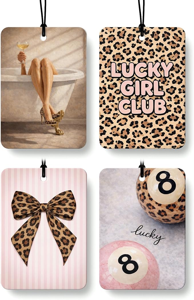 Funky Leopard Bow Orange Citrus Car Air Freshener 4pcs, Girly Y2k Lucky 8 Ball Cheetah Hanging Scents Car Accessories Interior Mirror Decor for Women Girls