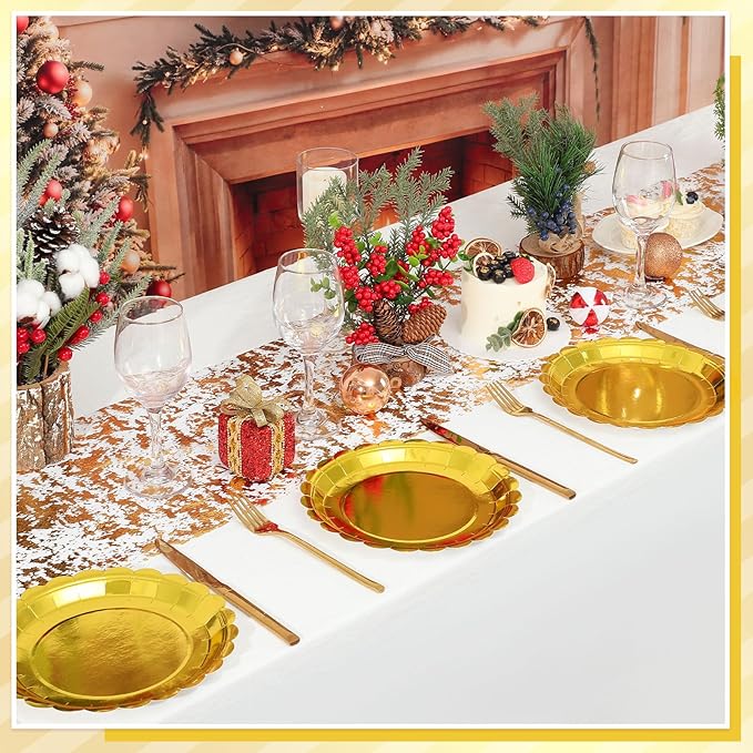 NatNarr 30 Pcs Gold Plates Disposable 9 Inch Scalloped Gold Paper Plates Dessert Cake Plate Cute Party Plate for Wedding, Birthday, Holiday