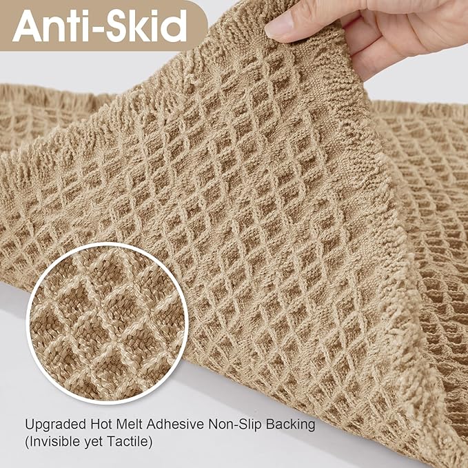 Upgraded Waffle Bath Mat, 36"x24" Beige-Herringbone, Super Absorbent Non-Slip Quick Dry Bathroom Rugs with Tassels, Machine Washable Ultra Soft Boho Bath Rugs, Toilet Mats Boho Farmhouse Decor