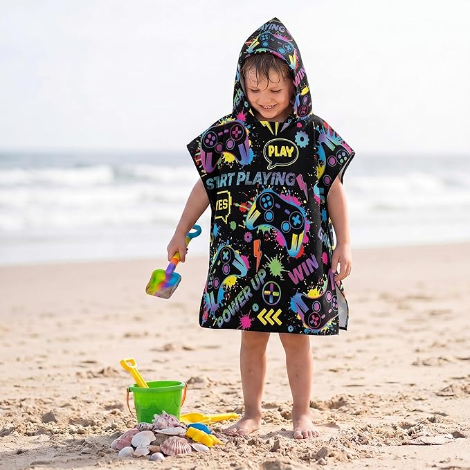 Fanfanwin Hooded Bath Towel for Boy Cotton Game Bath Hooded Poncho 37.8x23.62 Inches Cool Graffiti Game Poncho with Snap Buttons Hood Soft Rapid Dry for Beach Pool Swim Travel Home Use