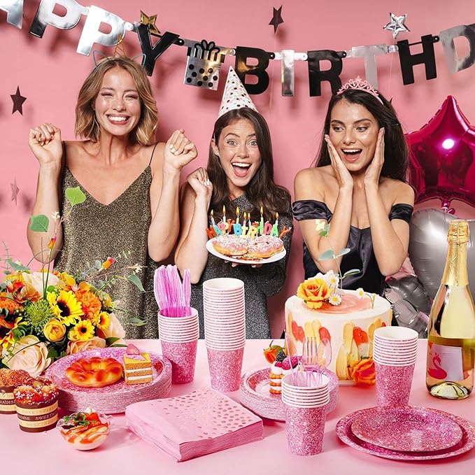 Hushee 175 Pcs Pink Holographic Print Party Supplies Guests Disposable Dinnerware Set Include Paper Plates, Napkins, Cups, Plastic Cutlery for Wedding Birthday Disco Bachelorette