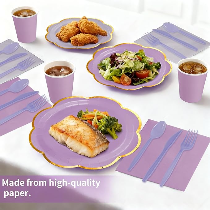 168Pcs Purple Paper Plates and Napkins Party Supplies,Purple Scalloped Party Plates with Gold Rim, Lavender Party Plates and Cups and Napkins Sets for Garden Party Baby Shower Wedding Birthday Picnic