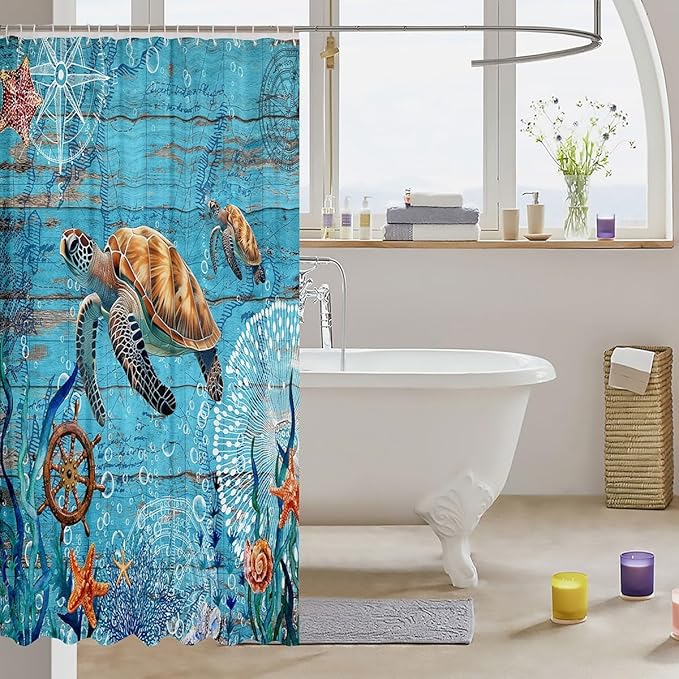 Homewish Sea Turtle Shower Curtain Navigation Route Bathroom Shower Curtain Set for Kids Adult Starfish Coral Bath Curtain Compass Rudder Waterproof Curtains Room Decor 72 x 72 Inch