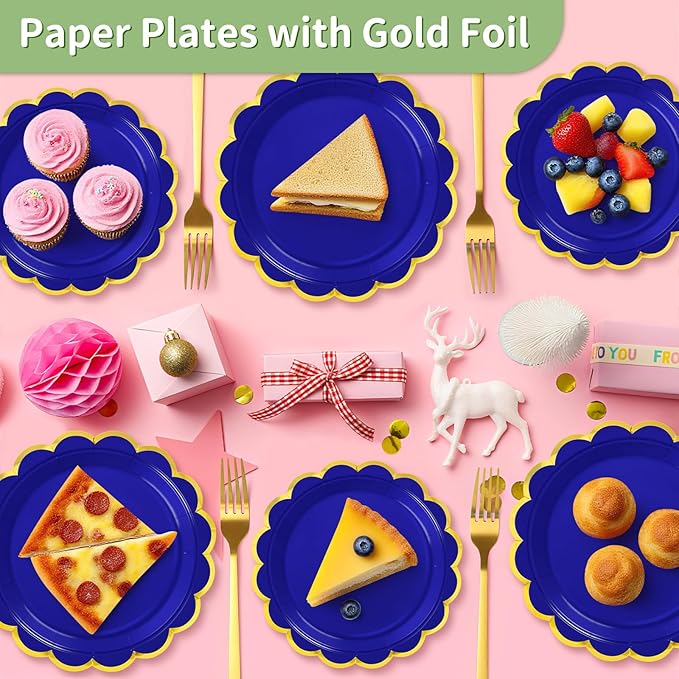 50 Pcs Royal Blue Paper Plates, 25 Pcs 9" and 25 Pcs 7" Disposable Royal Blue Scalloped Plates with Gold Foil for Graduation Wedding Baby Shower Birthday Party Picnic BBQ