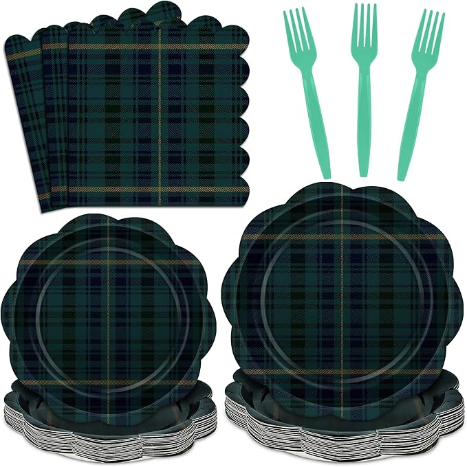 96 Pcs Tartan Plaid Baby Shower Plates and Napkins Set, Blue Green Baby Shower Party Supplies for 24 Guests include Disposable Green Tartan Scalloped Plates, Napkins and Forks for Baby Shower Wedding