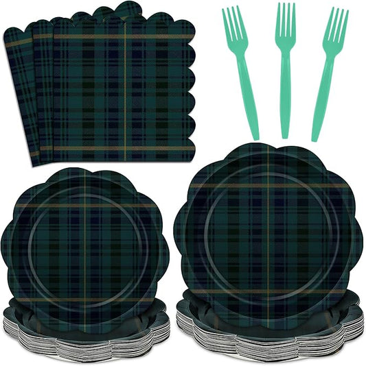 96 Pcs Tartan Plaid Baby Shower Plates and Napkins Set, Blue Green Baby Shower Party Supplies for 24 Guests include Disposable Green Tartan Scalloped Plates, Napkins and Forks for Baby Shower Wedding