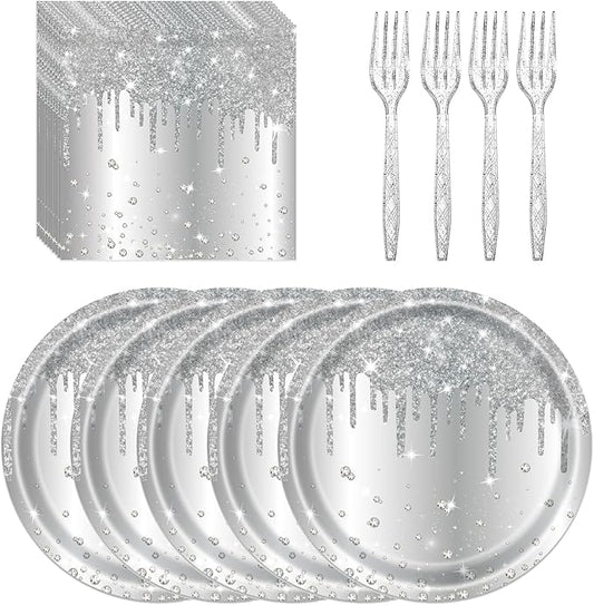 72 Pcs Silver Glitter Paper Plates 7in Disposable Paper Dessert Plates Napkins and Forks Party Tableware Set Happy Birthday Table Decorations for 24 Guests Silver Birthday Wedding Theme Party