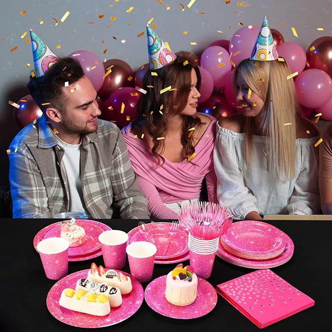 Hushee 175 Pcs Hot Pink Holographic Print Party Supplies Guests Disposable Dinnerware Set Include Paper Plates, Napkins, Cups, Plastic Cutlery for Wedding Birthday Disco Bachelorette