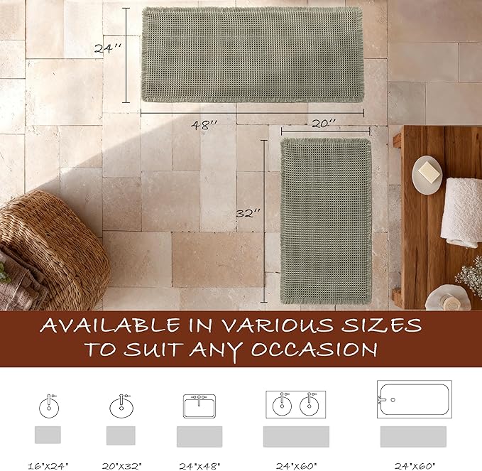 DWCN Set of 2 Waffle Bathroom Mats, Non Slip Bath Rug Set for Bathroom Floor, Super Absorbent Shower Mats for Tub, Washable Kitchen Rugs for Farmhouse Style, 20" x 32" Plus 24" x 48", Olive Green