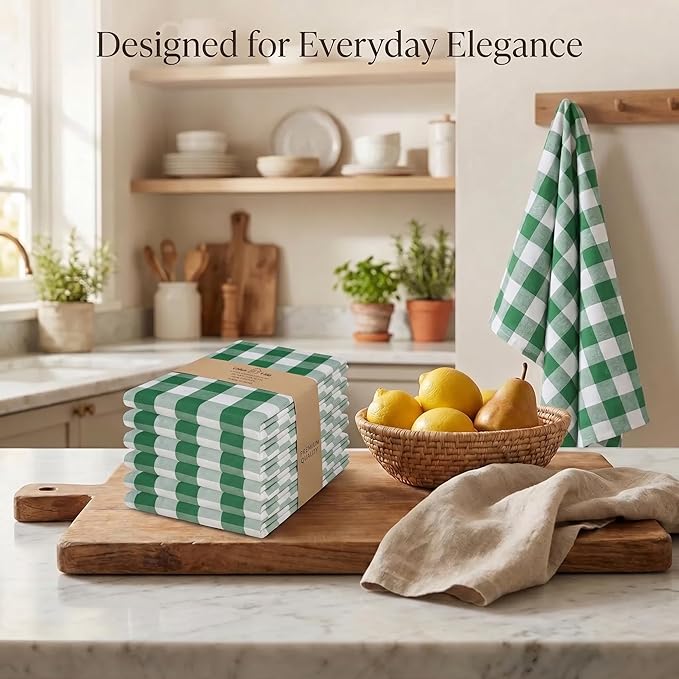 Urban Villa Kitchen Towels 100% Cotton Dish Towels for Kitchen (Set of 6) 20”x30” Dish Cloths Highly Absorbent Kitchen Linen Set with Hanging Loop Perfect for Drying Dishes Cleaning – Hunter/White