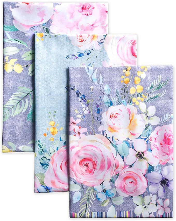 Maison d' Hermine Kitchen Towels Set of 3 100% Cotton 27.50" x 20" Reusable Cloth Tea Dish Towels Absorbent with Hanging Loop for Farmhouse Hotel Spring Summer - Sweet Rose Lavender - Lush