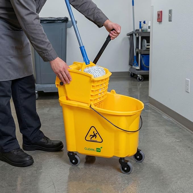 Restaurantware RW Clean 38 Quart Industrial Mop Bucket 1 Combo Mop Wringer Bucket - With Side Press Wringer Built-In Casters Yellow Plastic Commercial Mop Bucket Carry Handle For Commercial Use