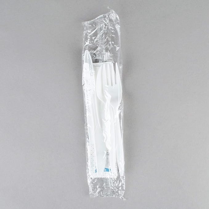 KitchenDine 100 Pack Medium Weight Wrapped white Plastic Cutlery Pack with Napkin and Salt/Pepper Packets (White)