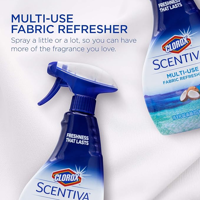 Clorox Scentiva Fabric Refresher Spray, Pacific Breeze and Coconut Scent for Household Fabrics, Odor Refresher for Upholstery, Curtains, Bedding, and Carpets, Non-Bleach, 16.9 Fl Oz