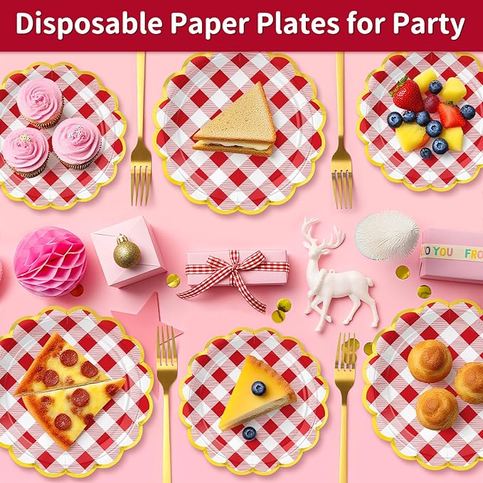 50 Pcs Red and White Checkered Paper Plates, 25 Pcs 9" and 25 Pcs 7" Disposable Christmas New Years Scalloped Plates with Gold Foil for Graduation Wedding Baby Shower Birthday Party Picnic BBQ
