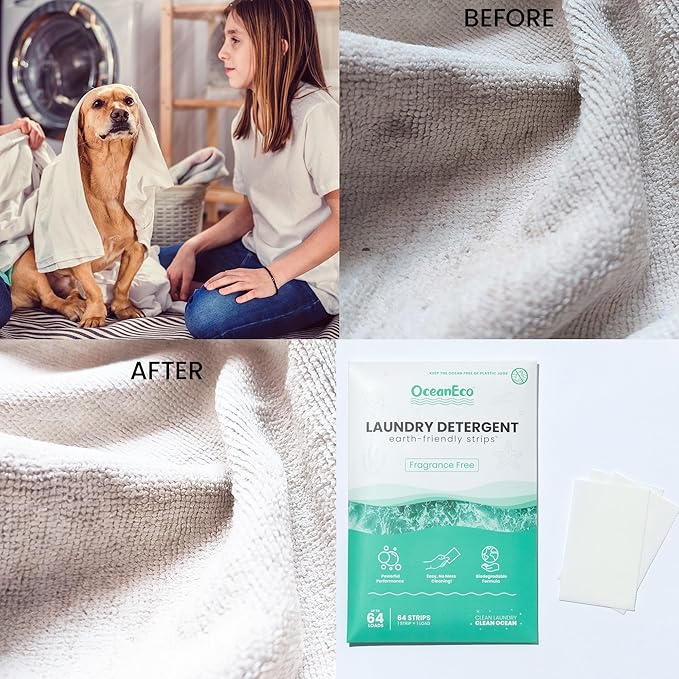 OceanEco™ Earth-Friendly Laundry Detergent Strips - 64 Loads | Ultra-Concentrated, Zero-Waste, Biodegradable, Cruelty-Free & Vegan (Fragrance Free)