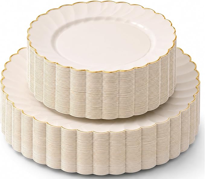 By Madee HEAVYWEIGHT Plastic Plates for Party | 60 Pc Ivory Scalloped Plates with Gold Trim | Fancy Disposable Plates for Weddings, Bridal Showers & Events | 30 Dinner & 30 Dessert
