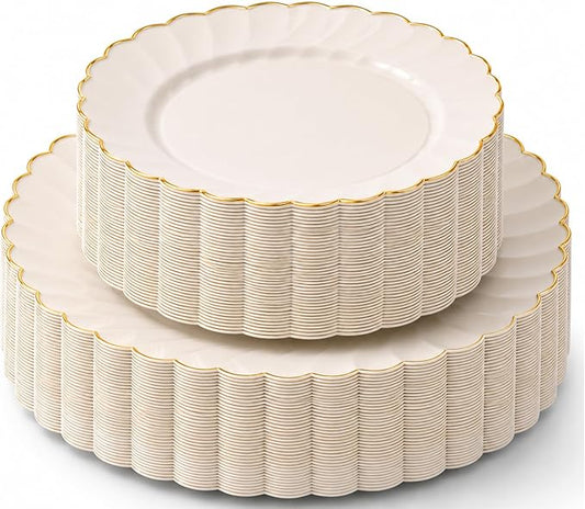 By Madee HEAVYWEIGHT Plastic Plates for Party | 60 Pc Ivory Scalloped Plates with Gold Trim | Fancy Disposable Plates for Weddings, Bridal Showers & Events | 30 Dinner & 30 Dessert