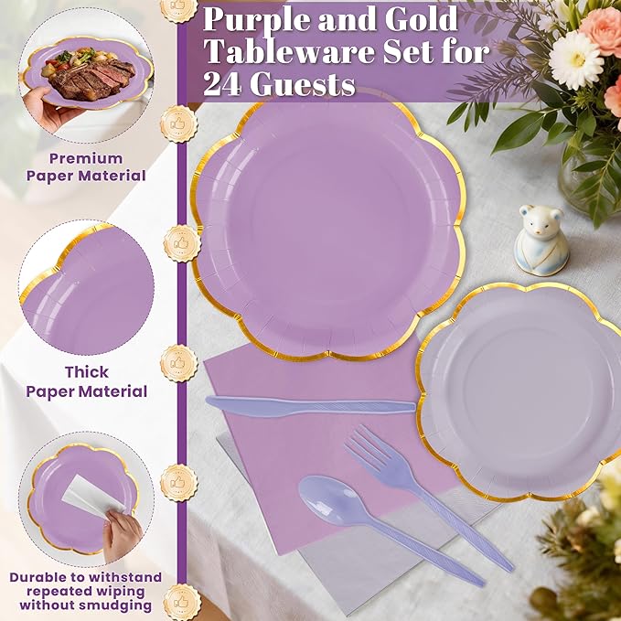 168Pcs Purple Paper Plates and Napkins Party Supplies,Purple Scalloped Party Plates with Gold Rim, Lavender Party Plates and Cups and Napkins Sets for Garden Party Baby Shower Wedding Birthday Picnic