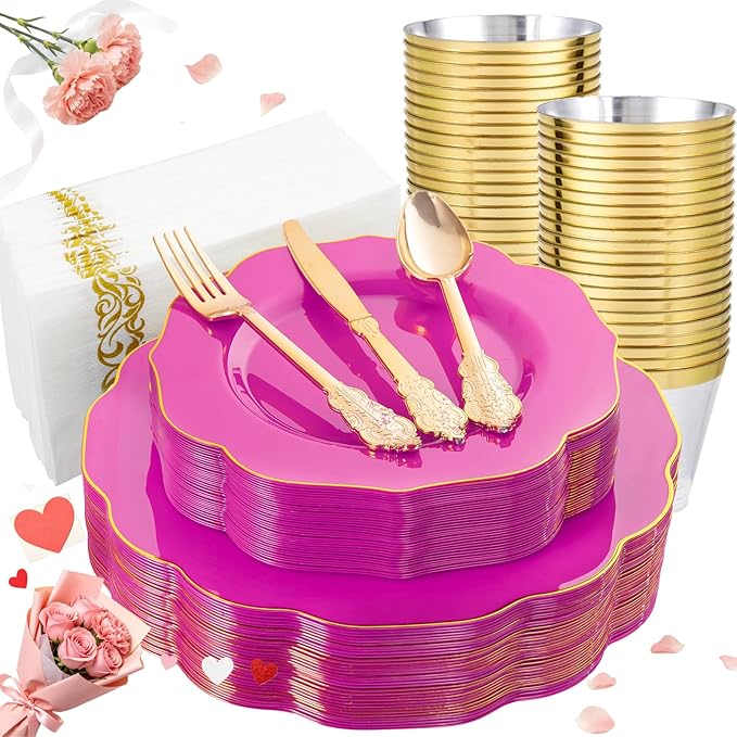 NOCCUR 175PCS Hot Pink Plastic Plates with Gold Disposable Silverware - Include 50 Hot Pink Plates,25 Knives,25 Forks,25 Spoons,25 Cups and 25 Napkins - Ideal for Party/Wedding/Banquet