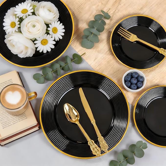 Liacere 100PCS Black Plastic Plates - Heavy Duty Disposable Plates - Black and Gold Plate Include Dinner/Dessert Plate for Wedding & Holiday Party & Birthday & Graduation