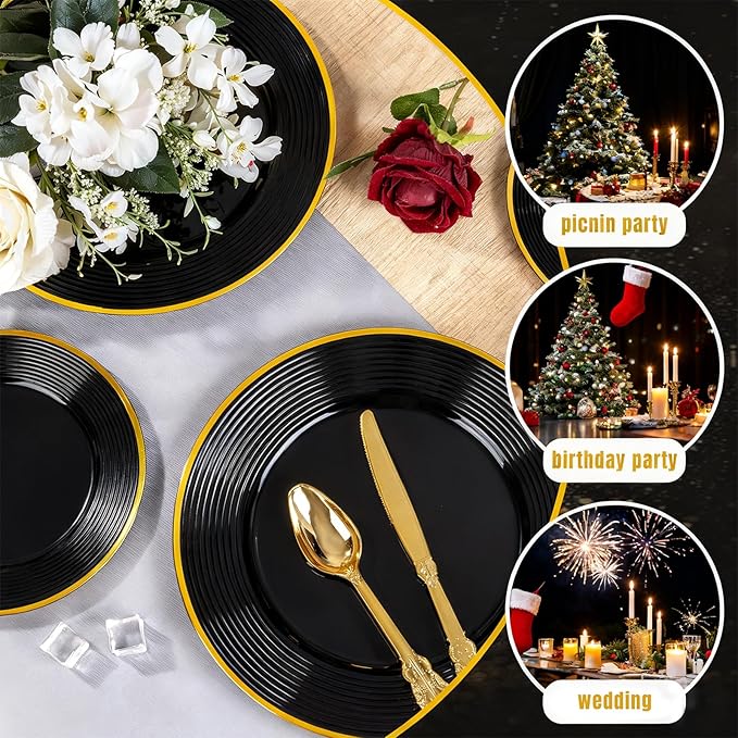 Liacere 100PCS Black Plastic Plates - Heavy Duty Disposable Plates - Black and Gold Plate Include Dinner/Dessert Plate for Wedding & Holiday Party & Birthday & Graduation