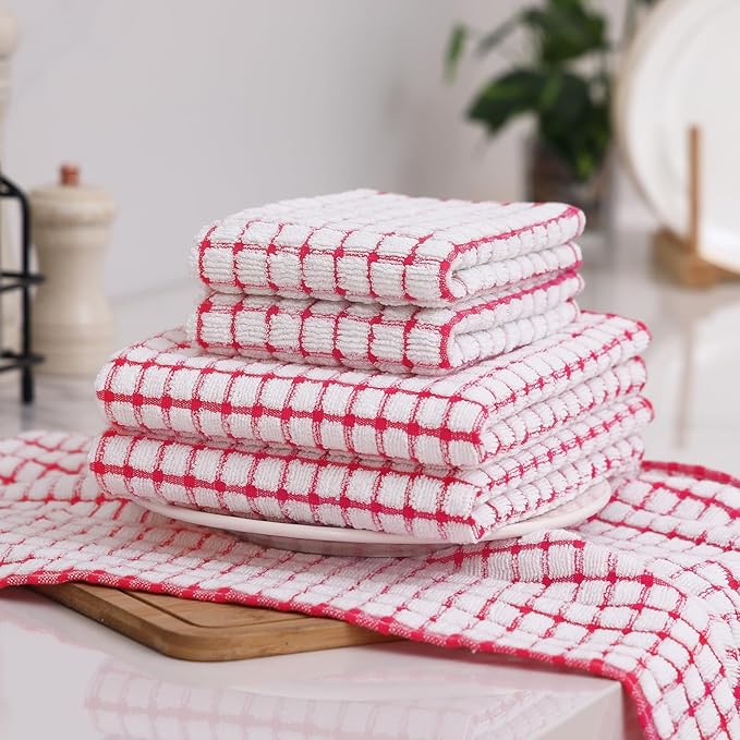 Homaxy Kitchen Towels and Dishcloths Set, 16 x 25 and 12 x 12 Inches, Set of 12 Cotton Terry Kitchen Dish Towels, Super Soft and Absorbent Dish Cloths, Red