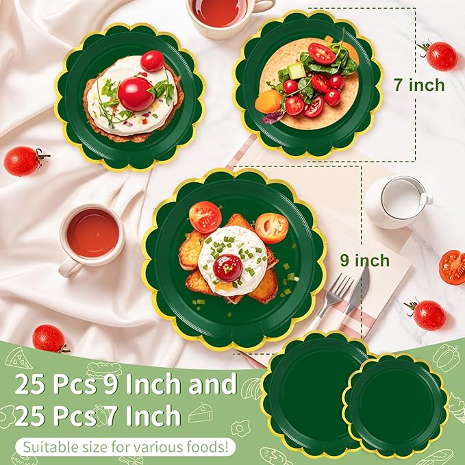 50 Pcs Dark Green Paper Plates, 25 Pcs 9" and 25 Pcs 7" Disposable Christmas Scalloped Plates with Gold Foil for Graduation Wedding Baby Shower Birthday Party Picnic BBQ