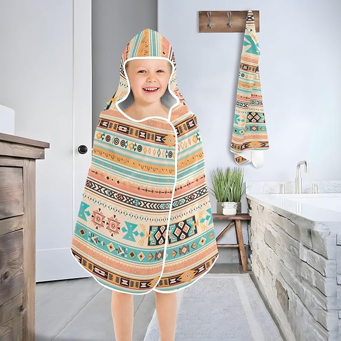 Kids Hooded Towels Ikat Ethnic Geometric Swimming Beach Towel 23.5" x 50" Bath Towel for Boys Girls 21215687
