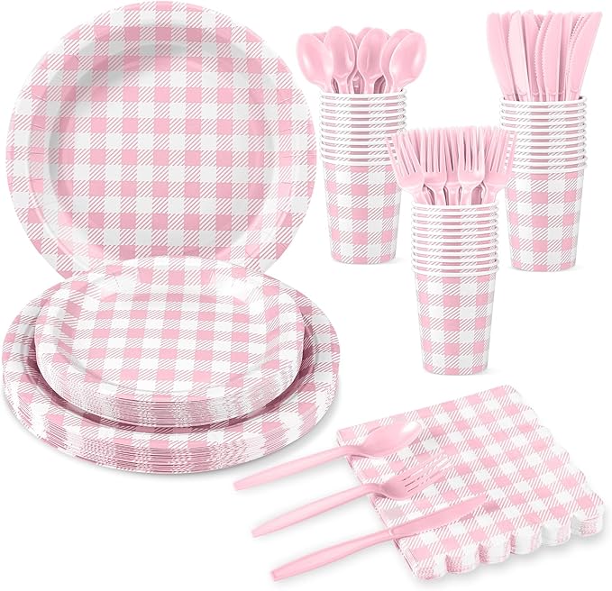 NatNarr 175 Pcs Pink Gingham Party Supplies Include Pink Gingham Plates and Napkins Cups Disposable Checkered Dinnerware Set for Picnic, Baby Bridal Shower, Wedding Decorations