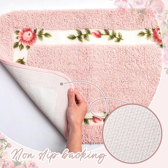 Drydiet 3 Pcs Rose Flowers Bathroom Rugs Set Coquette Room Decor Floral Carpet for Bathroom Bedroom Living Room, Floral Bath Mat Non Skid Romantic Rose Flower Area Rugs 3 Shapes(Pink,Small)