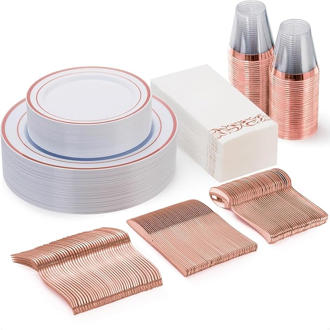 Goodluck 175 Pieces Rose Gold Dinnerware Set for 25 Guests, Plastic Plates Disposable for Party, Include: 25 Dinner Plates, 25 Dessert Plates, 25 Paper Napkins, 25 Cups, 25 Silverware Set