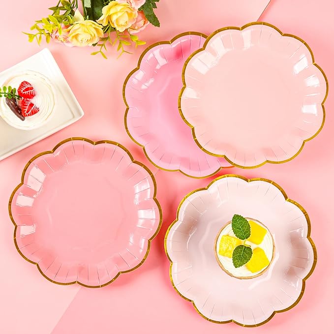 AimFun 48 Pcs Pink Party Plates Gradient Pink Dessert Paper Plates 7inch Gold Foil Scalloped Edge Disposable Cake Plates for Mothers Day Birthday Bridal Baby Shower Wedding Party Supplies