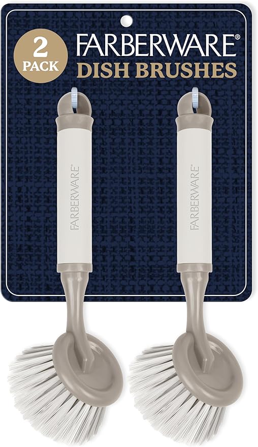 Farberware Dish Brush with Handle – 2 Pack Kitchen Scrub Brush for Dishes, Non-Scratch Dishwashing Brush Set with Firm Bristles for Pots, Pans, & Sink, Soft Grip Handles for Everyday Cleaning