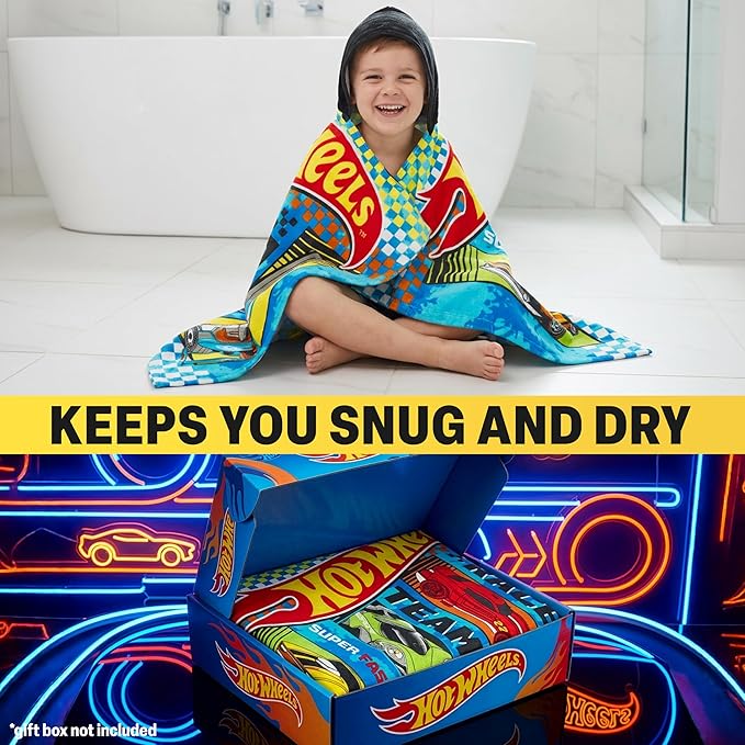 Get Trend Hot Wheels Cars Bath Towels with Hood for Boys, Ages 2-6, One Size Soft and Absorbent Hooded Cotton Beach Towel Wrap, Swimming Pool Poncho, Gifts for Boys (Multi Hot Wheels)