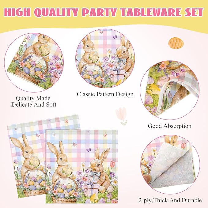 Pickmesh 400 Pcs Bunny Plates and Napkins Set, Bunny Party Decoration with Disposable Paper Plates, Napkins, Cups and Cutlery, Spring Rabbit Party Supplies, Serve 50 Guests